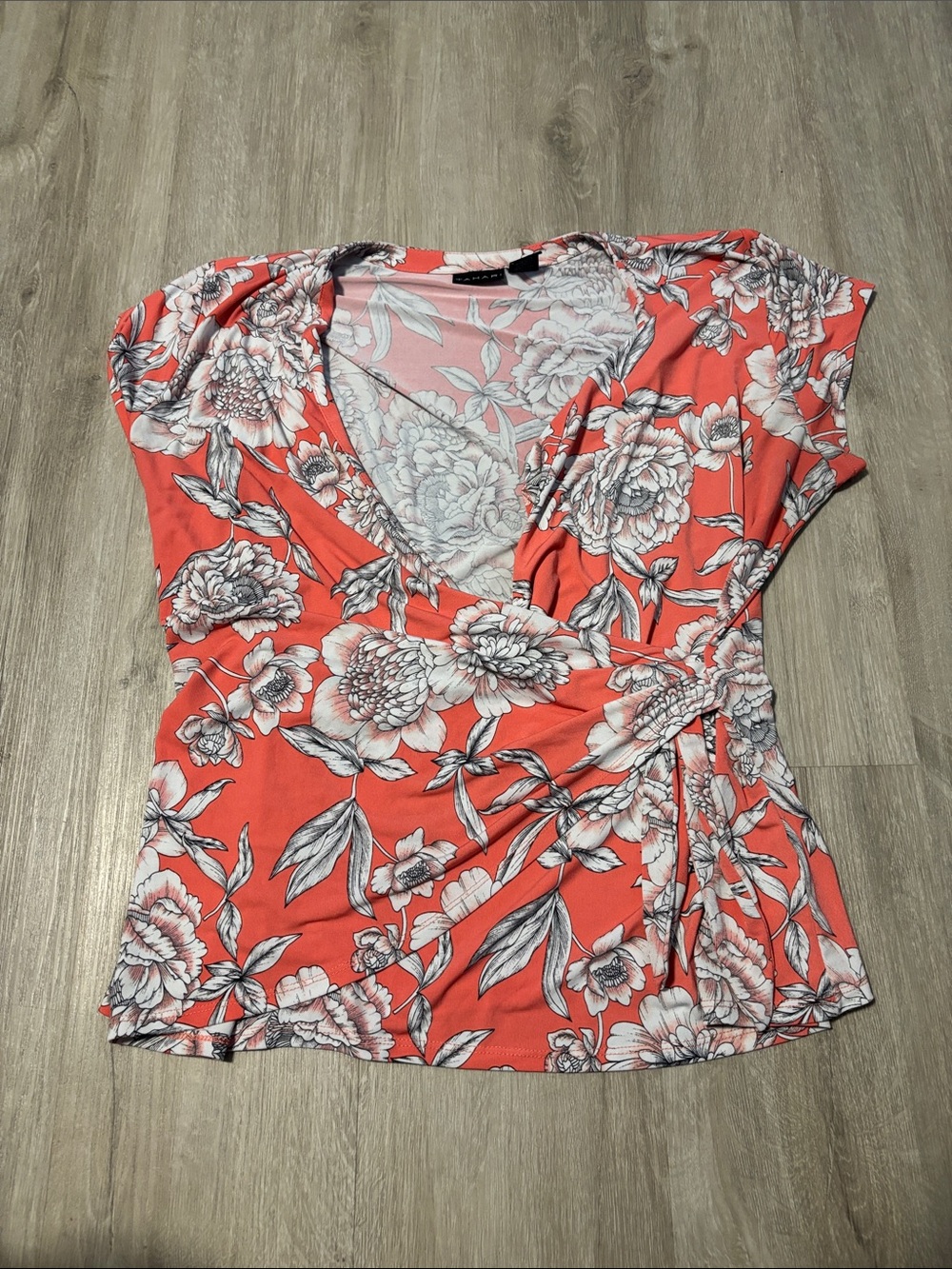 Tahari Coral Floral Wrap-Style V-Neck Top
